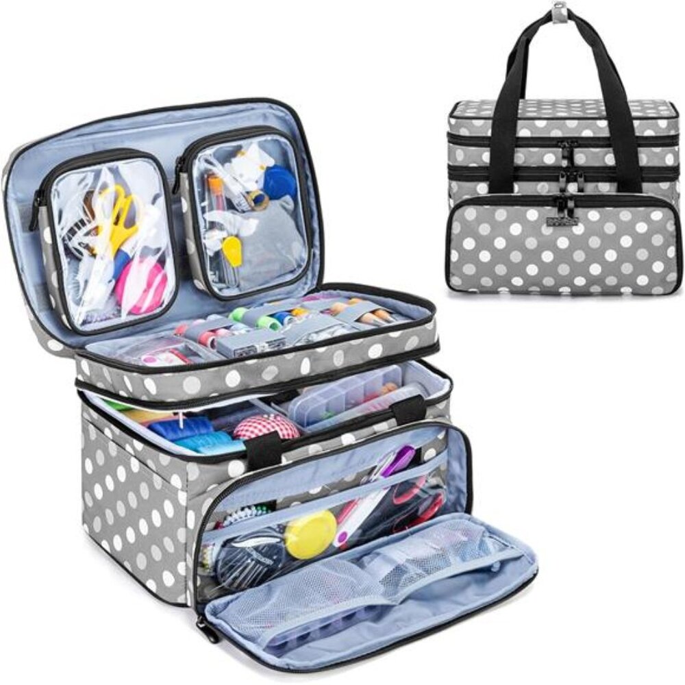 Double Layer Sewing Accessories Organizer with 2 Detachable Pouches